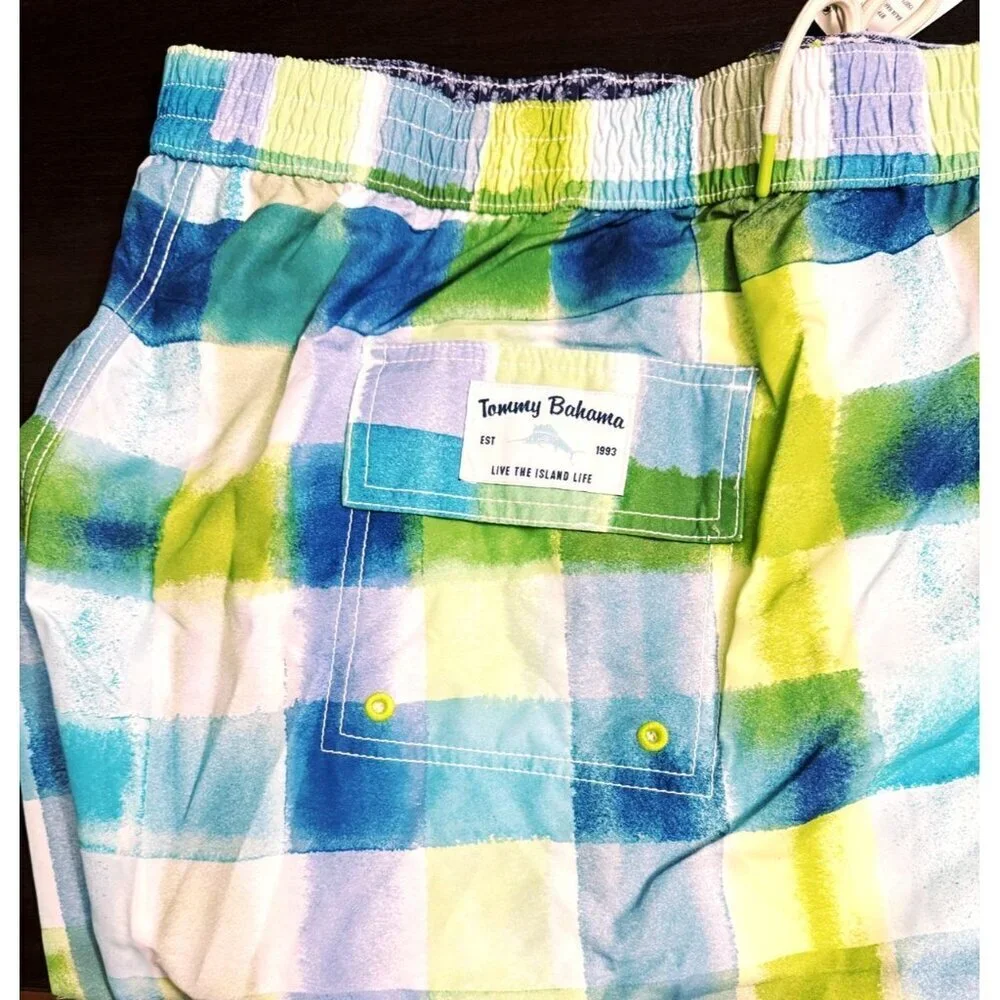 Tommy Bahama Mens Blue Green Plaid Pockets Swim Trunks Plus Sz 3XL Big New